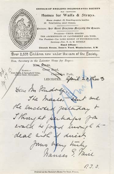 Large size image of Case 9616 4. Letter from Mrs Faire about a place at the Home for J.  26 April 1903
 page 1