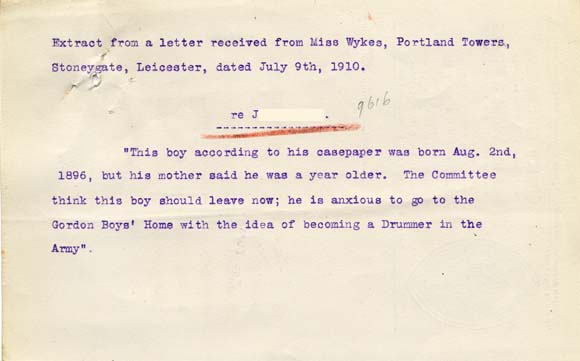 Large size image of Case 9616 7. Extract from a letter received from Miss Wykes of the Leicester Home  9 July 1910
 page 1
