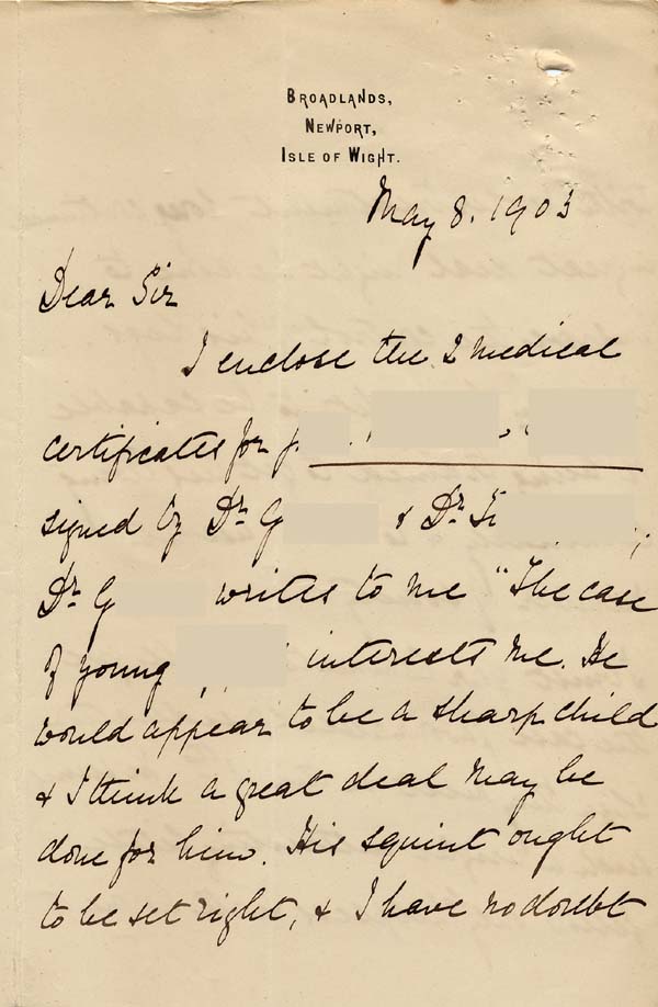 Large size image of Case 9627 5. Letter from Mary Mortimer enclosing medical certificates  8 May 1903
 page 1