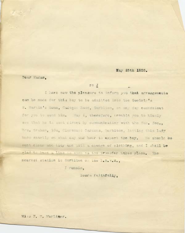 Large size image of Case 9627 12. Copy letter confirming J's admittance to St Martin's Home  25 May 1903
 page 1