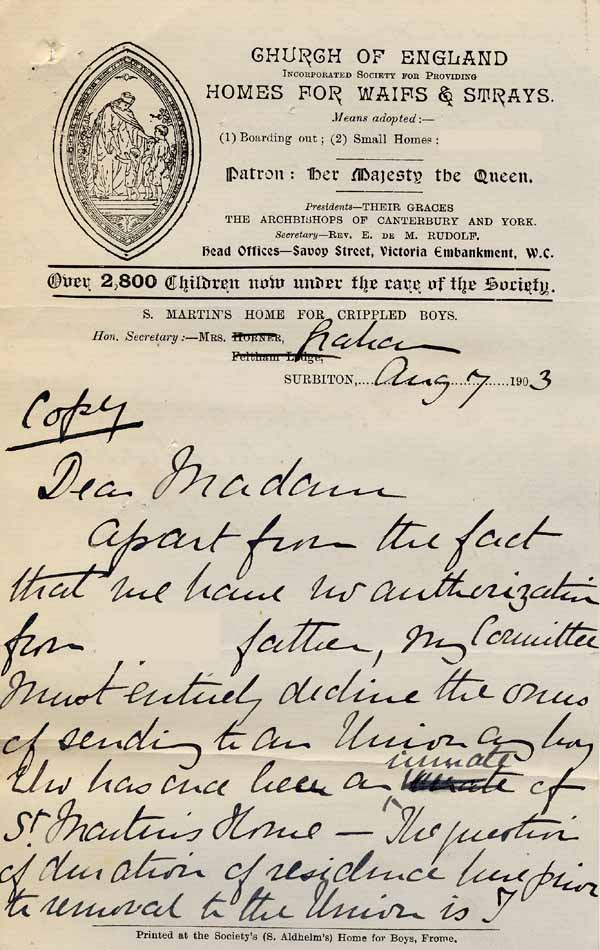 Large size image of Case 9627 22. Letter from Mrs Graham declining the above request and reiterating the need for J's prompt removal  7 August 1903
 page 1