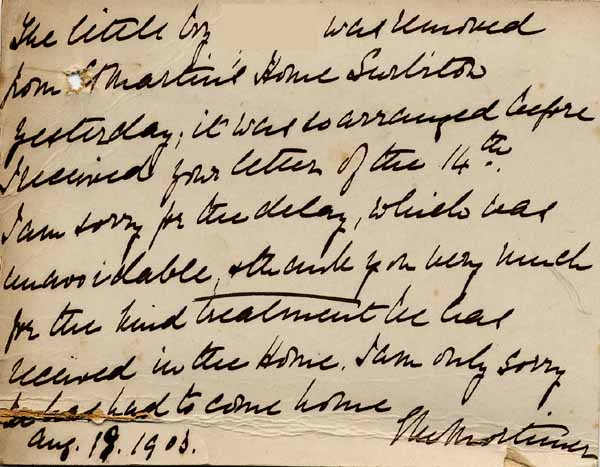 Large size image of Case 9627 26. Card from Mary Mortimer confirming that J. had been removed from St Martin's Home the previous day  18 August 1903
 page 2