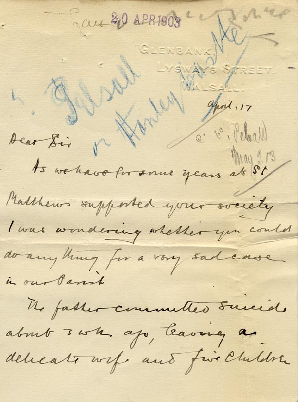 Large size image of Case 9635 4. Letter from Revd J. requesting help for T's family  17 April 1903
 page 1