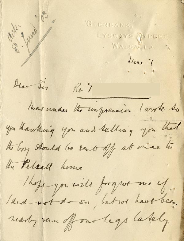 Large size image of Case 9635 7. Letter from Revd J. about T. settling in at the Pelsall Home  7 June 1903
 page 1