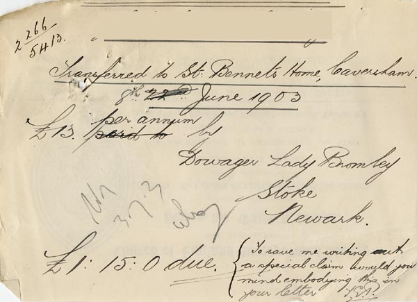 Large size image of Case 9635 9. Note of money due from Lady Bromley in respect of the boy she had been helping to support [amount mentioned in above letter]  July 1903
 page 1