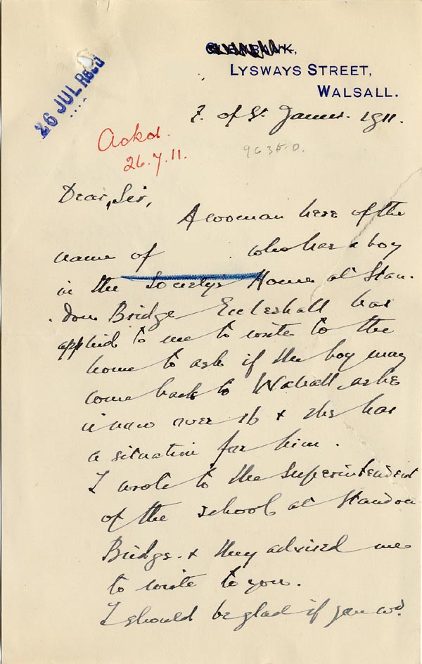 Large size image of Case 9635 13. Letter from Revd H. requesting that T. be returned to his mother  25 July 1911
 page 1