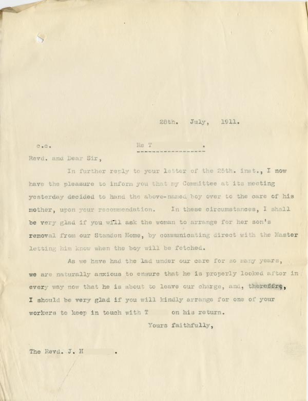 Large size image of Case 9635 14. Copy letter to Revd H. agreeing to return T. to his mother  28 July 1911
 page 1