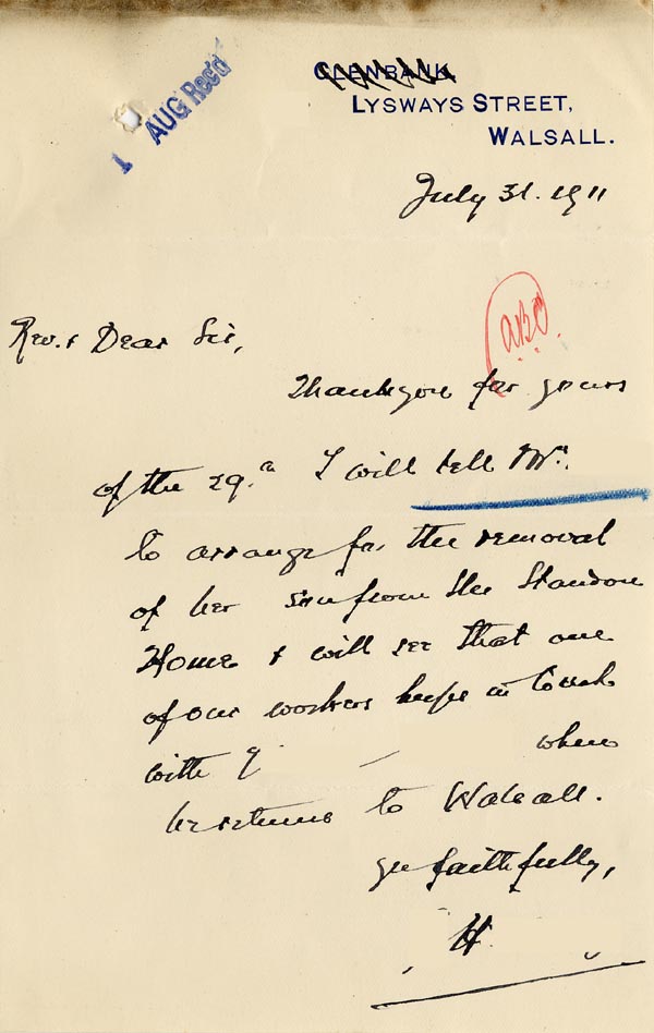 Large size image of Case 9635 16. Letter from Revd H. about arranging for T's removal from the Standon Farm Home  31 July 1911
 page 1