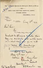 Image of Case 9635 17. Notice of discharge of T. from the Standon Farm Home  8 August 1911
 page 1