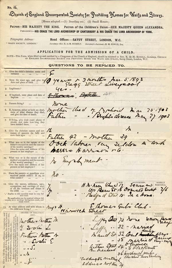Large size image of Case 9646 1. Application to Waifs and Strays' Society  7 June 1903
 page 1