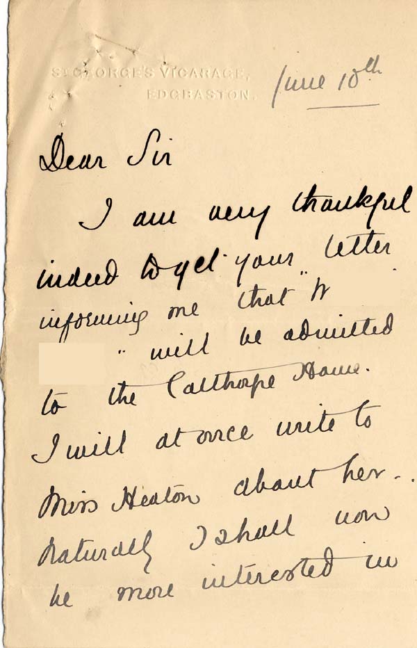 Large size image of Case 9649 3. Letter from the wife of the Incumbent of St George's, Edgbaston  10 June 1903
 page 1