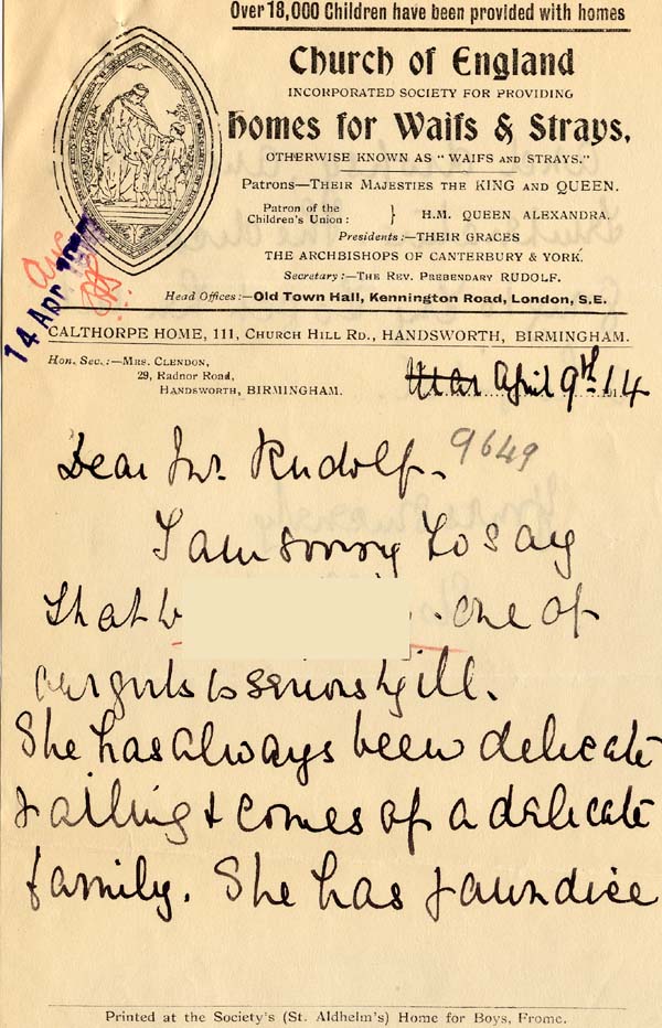 Large size image of Case 9649 4. Letter from Mrs Elsie Clendon, Honorary Secretary of the Calthorpe Home  9 April 1914
 page 1