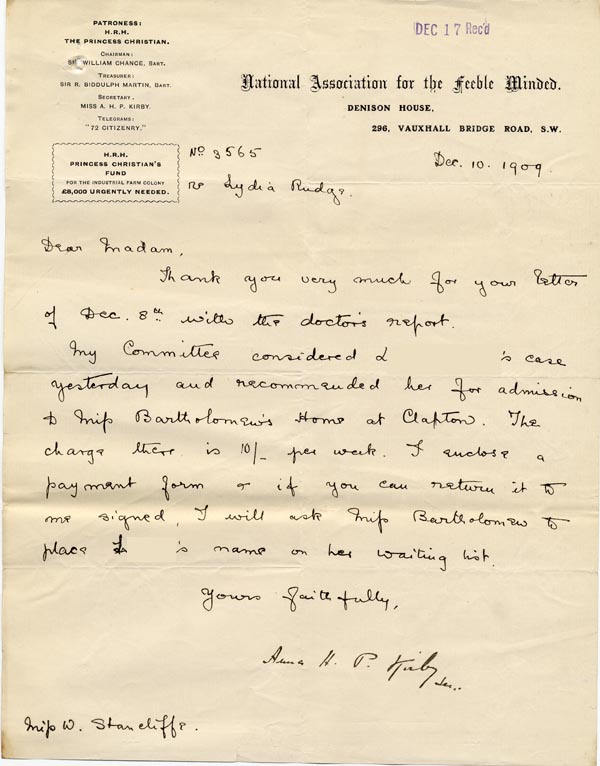 Large size image of Case 9662 2. Letter from the National Association for the Feeble Minded  10 December 1909
 page 1