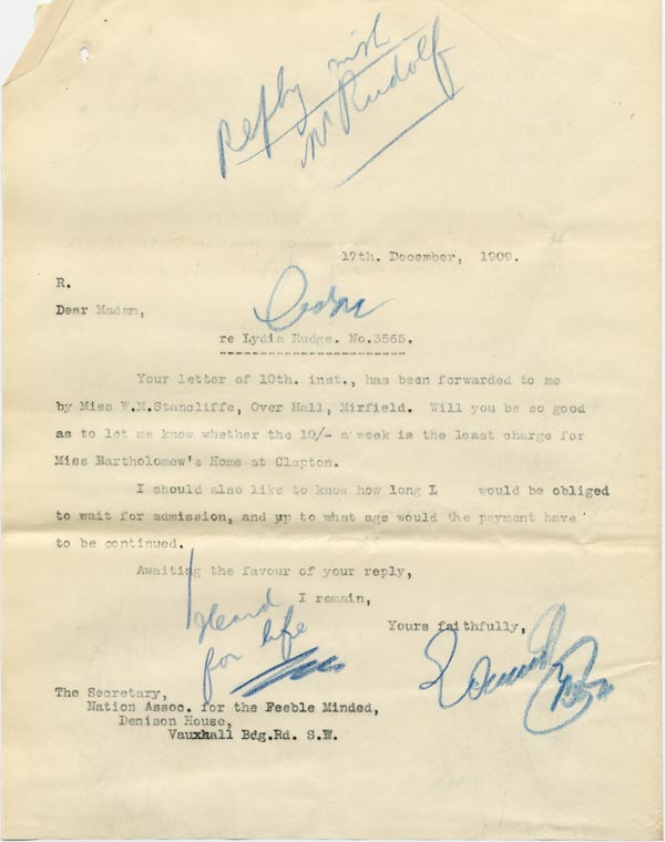 Large size image of Case 9662 6. Copy letter from Revd Edward Rudolf to the National Association for the Feeble Minded  17 December 1909
 page 1