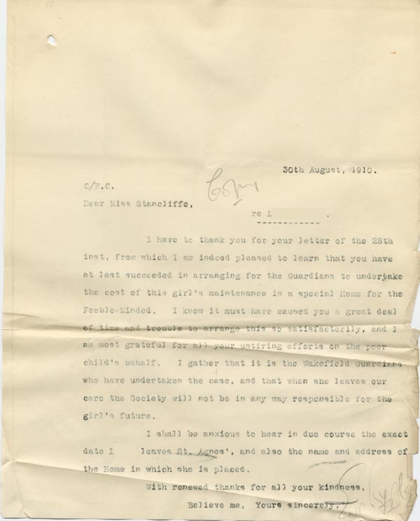 Large size image of Case 9662 20. Copy letter of thanks from Revd Edward Rudolf  30 August 1910
 page 1