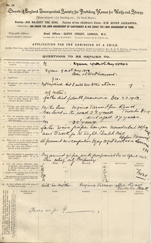 Large size image of Case 9838 1. Application to Waifs and Strays' Society  9 September 1903
 page 1