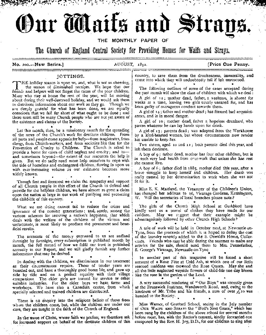 Our Waifs and Strays August 1892 - page 1